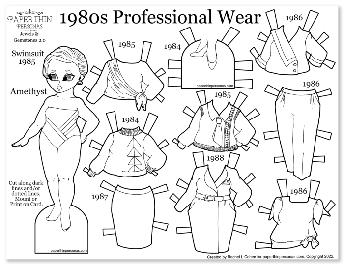 A 1980s fashion paper doll coloring page with a mix and match wardrobe of professional working woman's clothing of the era.