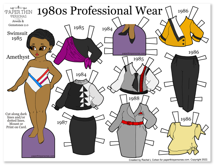 A 1980s fashion paper doll printable with a mix and match wardrobe of professional working woman's clothing of the era.