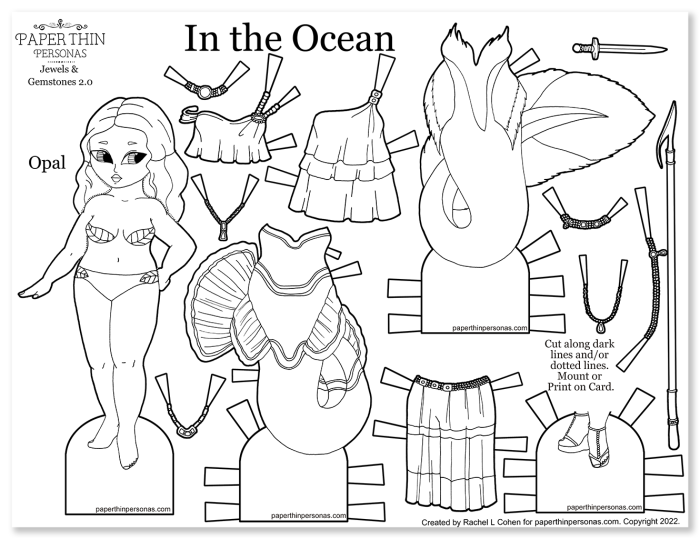 A mermaid paper doll coloring page with many different fun mix and match pieces. 