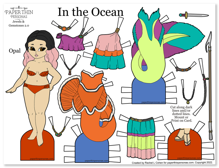 A mermaid paper doll to print with two tails and several other pieces of clothing.  