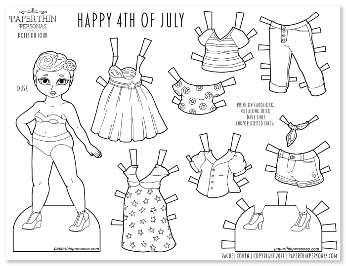 A 4th of July paper doll coloring page and her vintage styles with a nine piece wardrobe. Fun kid's activity for the 4th of July holiday. 