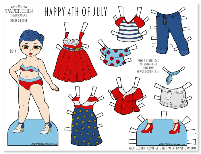 A 4th of July paper doll and her vintage styles with a nine piece wardrobe. Fun kid's activity for the 4th of July holiday. Blue hair and stars abound here. 