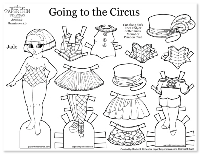A printable circus paper doll coloring page with a 12 part wardrobe. Her clothing can mix and match.