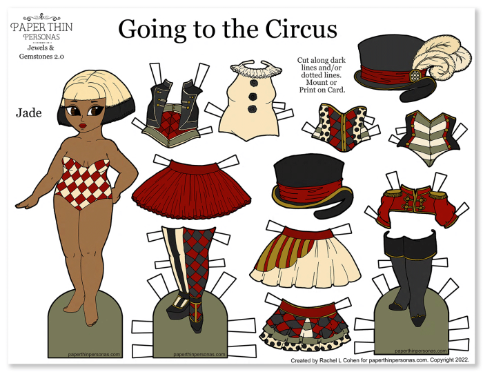 A circus paper doll to print for free. Her mix and match wardrobe was inspired by vintage circus posters.