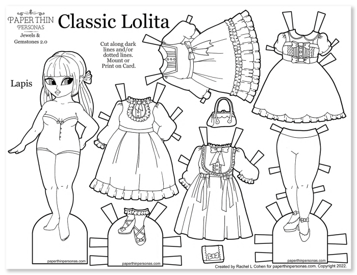 A classic lolita paper doll printable coloring page with one doll, four dresses and two pairs of shoes. 