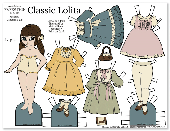 A classic lolita fashion inspired printable paper doll with four dresses, two shoes and some purses. 