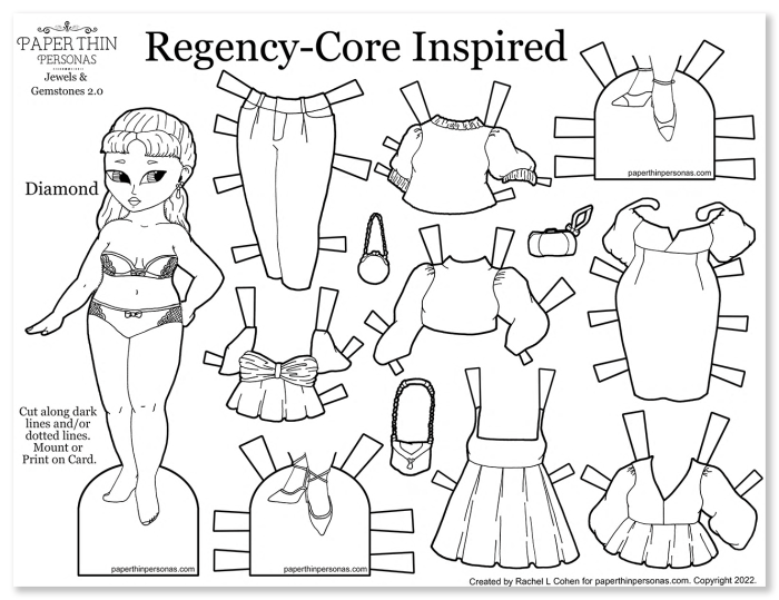A printable paper doll coloring page with an eight piece mix and match wardrobe of regencycore inspired clothing with trousers, two dresses, shoes and purses.