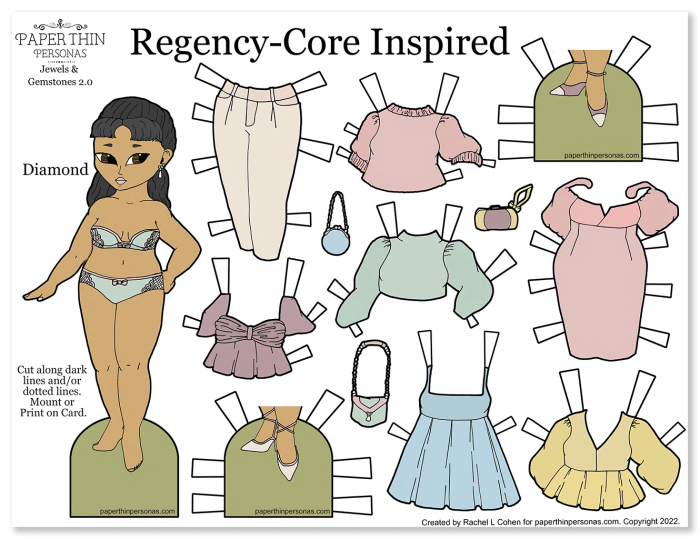 A printable paper doll with an eight piece mix and match wardrobe of regencycore inspired clothing with trousers, two dresses, shoes and purses.