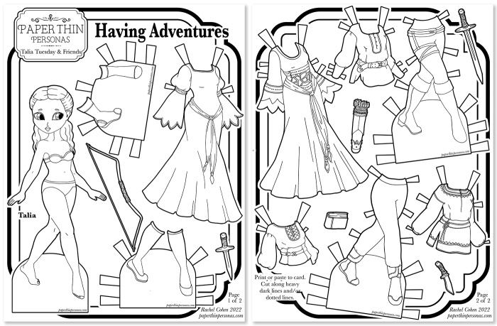 Inspired by the high fantasy medieval gowns from movies like LoTR, this two page free printable paper doll coloring set has a wardrobe of elegant gowns and practical adventuring clothing. 