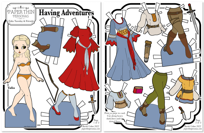 Inspired by the high fantasy medieval gowns from movies like LoTR, this two page free printable paper doll has a wardrobe of elegant gowns and practical adventuring clothing. 
