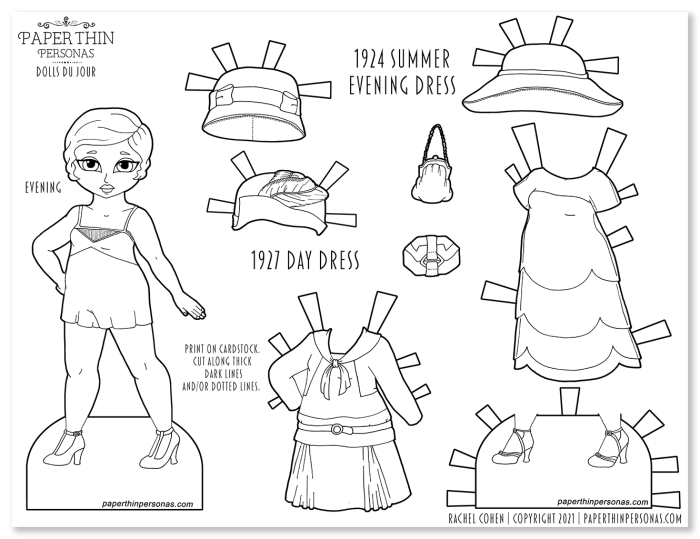 A free 1920s printable paper doll coloring page with two dresses, three hats and purses. 