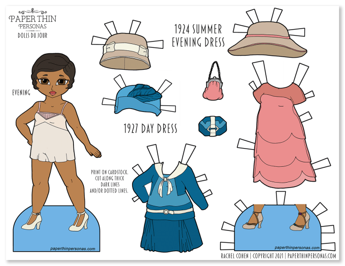 A free 1920s printable paper doll with fashions. She can be printed and played with. 