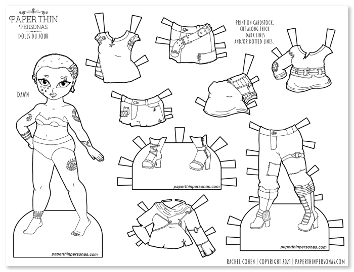 A black and white printable paper doll with seven clothing pieces based on post-apocalyptic fashion. 