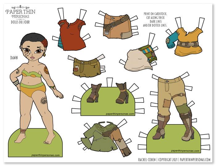 A printable post-apocalyptic paper doll with a mix and match wardrove of seven different clothing pieces. The doll has many tattoos. 