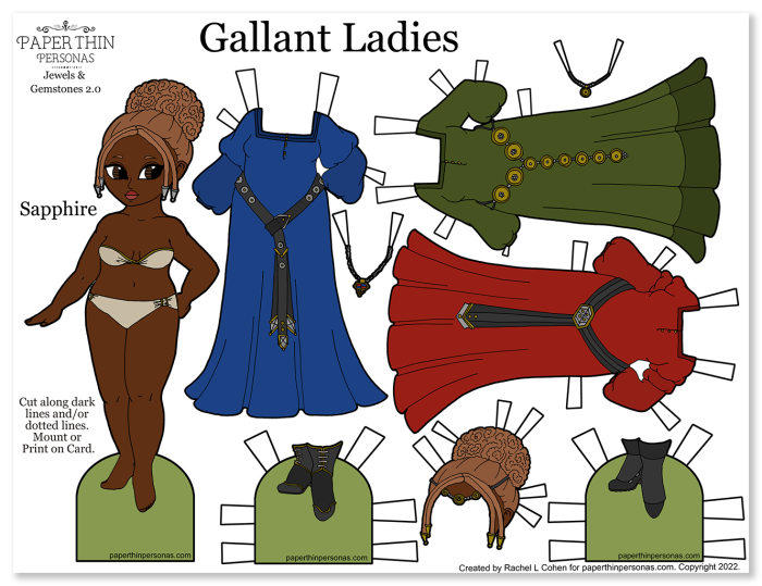 A black printable paper doll with fantasy dresses