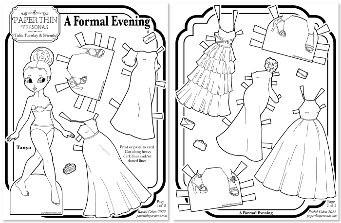 Printable paper doll coloring pages with a black paper doll and her five evening gowns and three pairs of shoes. The dolls has an afro-puff. 
