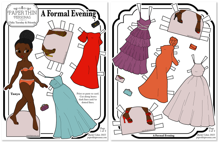 Printable black paper doll with her five evening gowns and three pairs of shoes. The dolls has an afro-puff. 