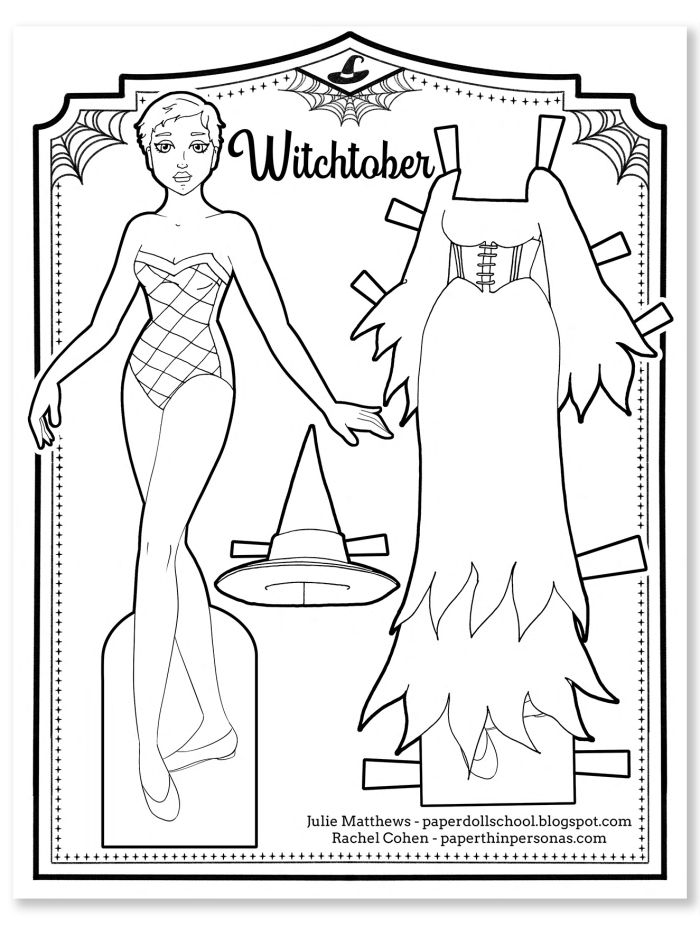 A witch Halloween coloring page printable paper doll with one dress and accessories. 