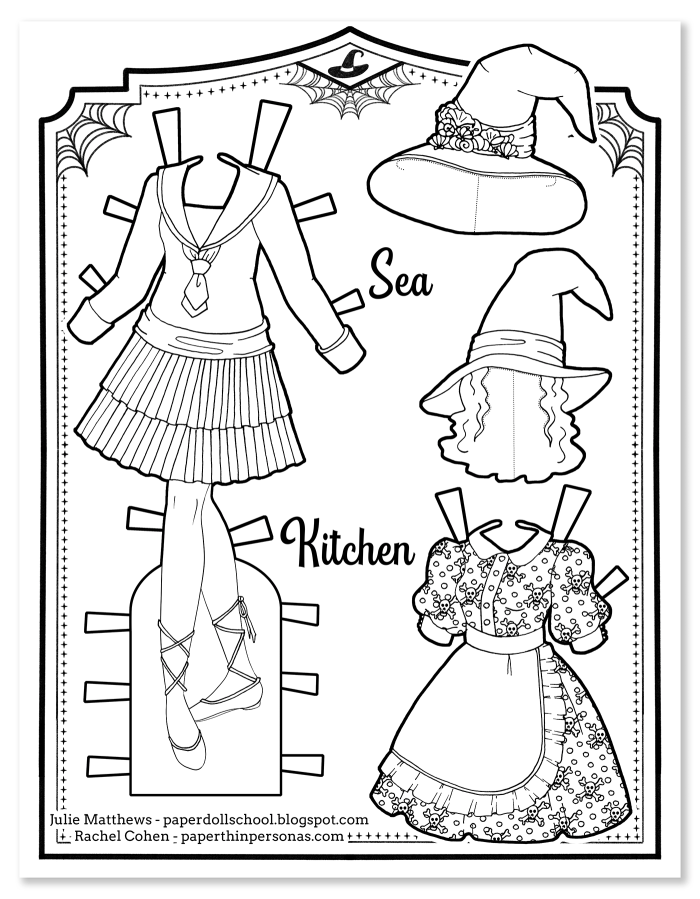 Printable paper doll coloring page with two dresses for Halloween 2022. Witch themed for October! One dress is a sea inspired and the other dress is Kitchen inspired