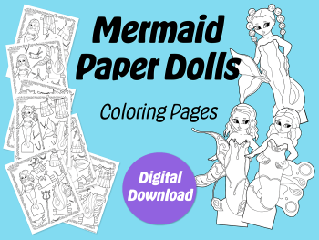 Mermaid paper doll coloring pages on Etsy. 