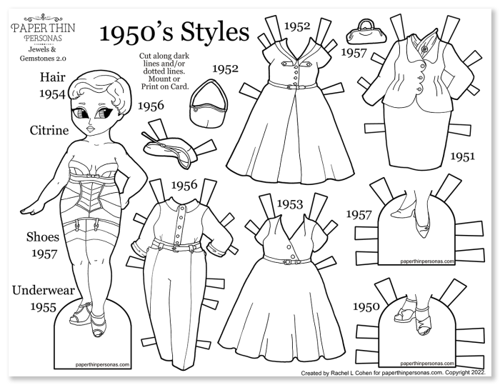 A 1950s vintage fashion paper doll coloring page with four dresses and two pairs of shoes and other accessories.