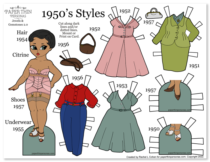 A vintage fashion paper doll from the 1950s with four dresses and two pairs of shoes in color. This printable paper doll can share clothing with many other paper dolls in the series.