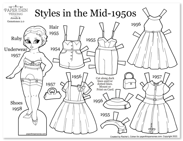 A 1950s printable paper doll coloring sheet with a mix and match wardrobe.