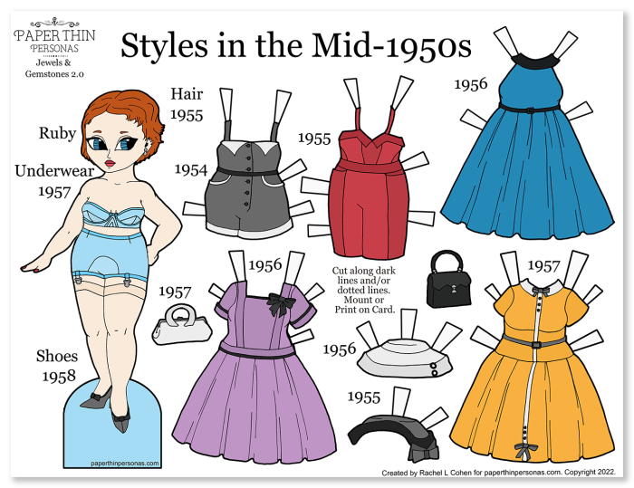 A cute redheaded 1950s printable paper doll with her mix and match wardrobe.