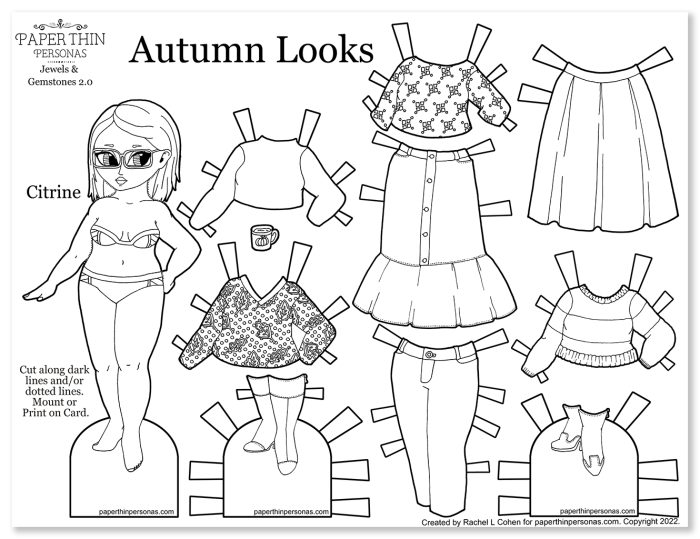 Printable paper doll coloring page with autumn themed clothing. Nine mix and match pieces.