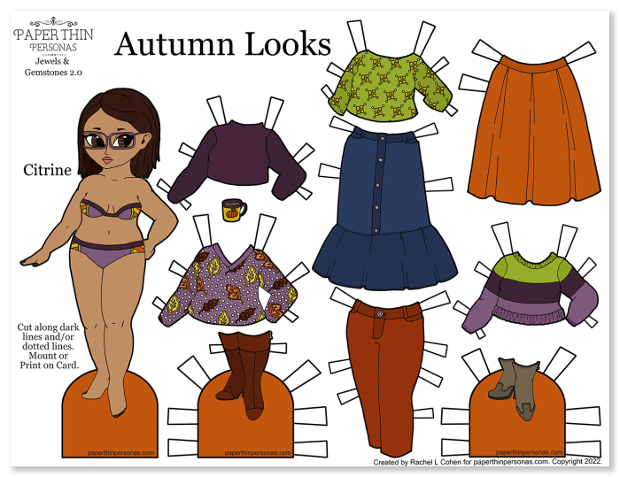 Printable paper doll with autumn themed clothing. Nine mix and match pieces.