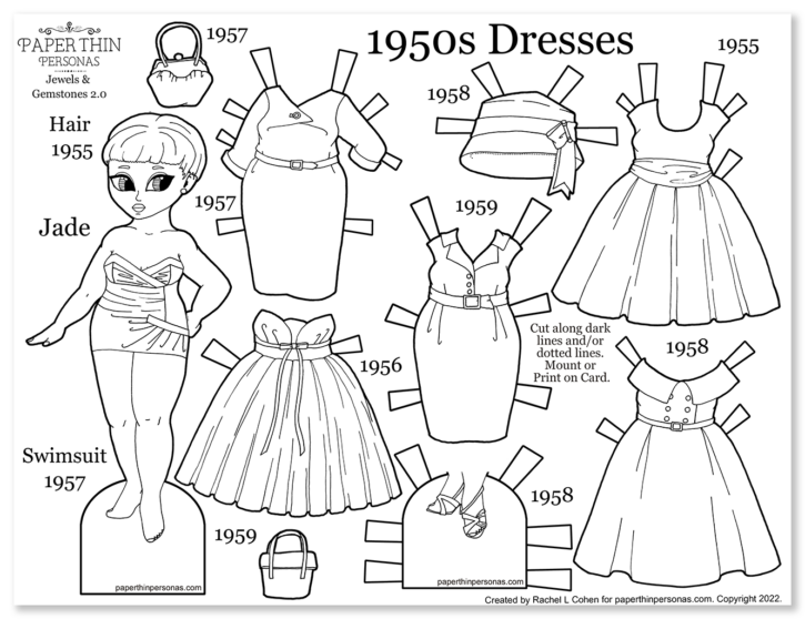 A black 1950s paper doll coloring page with five dresses from the later part of the decade.