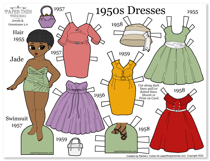 A black 1950s paper doll to print with five dresses from the later part of the decade.