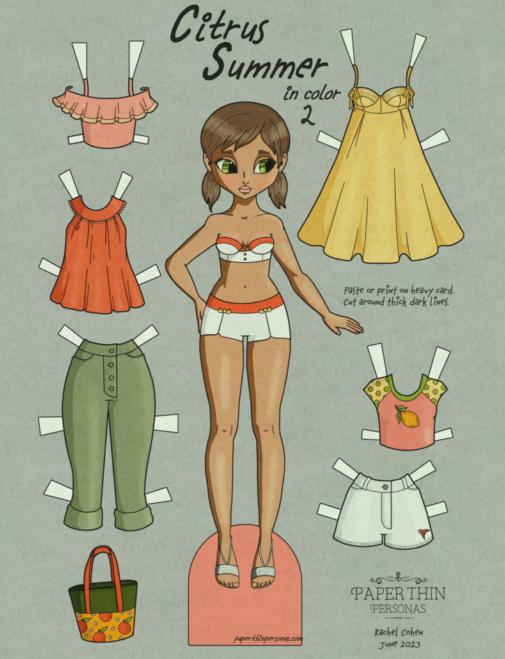 A printable paper doll called Citrus Summer with a six piece mix and match summer wardrobe. This version of Citrus Summer is meant to look like she's printed on grey newsprint and has additional highlighting.