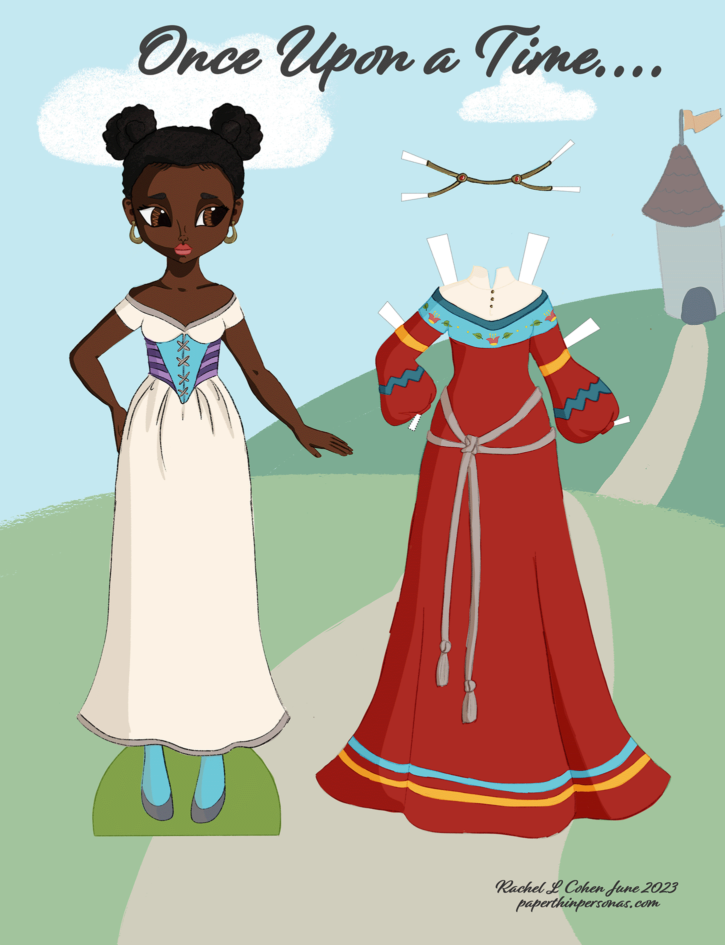 A black fairy tale printable paper doll with curly buns wearing a blue and purple corset. The paper doll's dress is a red overdress with yellow and blue trim. Underneath it, there is a cream blouse. In the background, there are hills, a path, and a castle with a flag. The linework is done in a sketchy style, similar to a colored pencil.