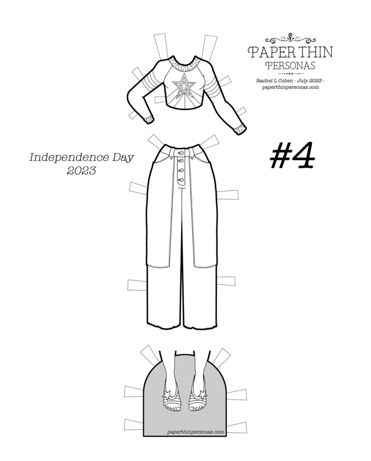 An independence day paper doll coloring page with a trendy star themed outfit including a cropped top and wide legged pants with a frayed hem