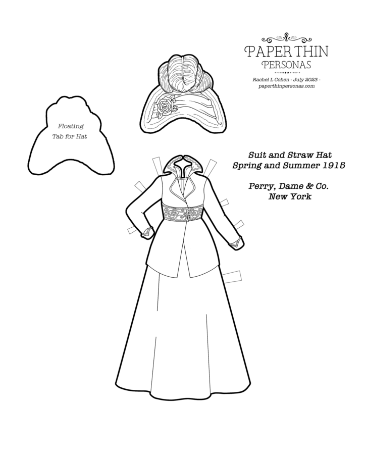 A black and white line drawing of a suit from 1915 with a straw hat trimmed in flowers and roses. The suit is trimmed in braid at the waist, collar and cuffs. A printable paper doll coloring page!