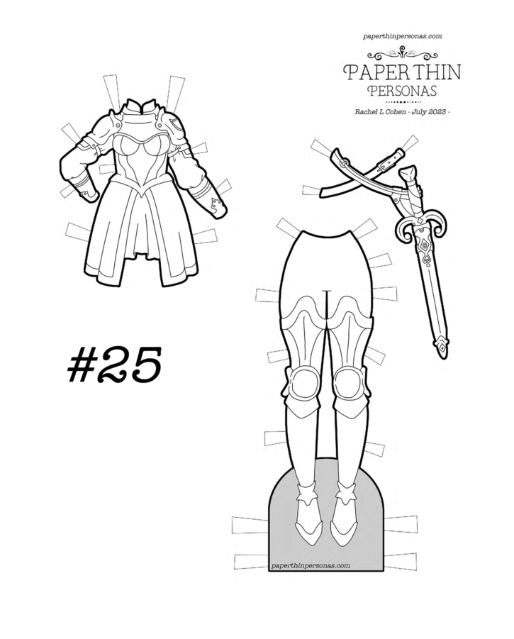 A printable paper doll coloring page of fantasy armor with a sword.