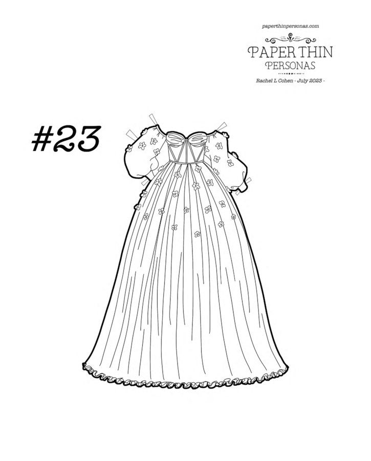A paper doll floral evening dress with 3d flowers on it. 