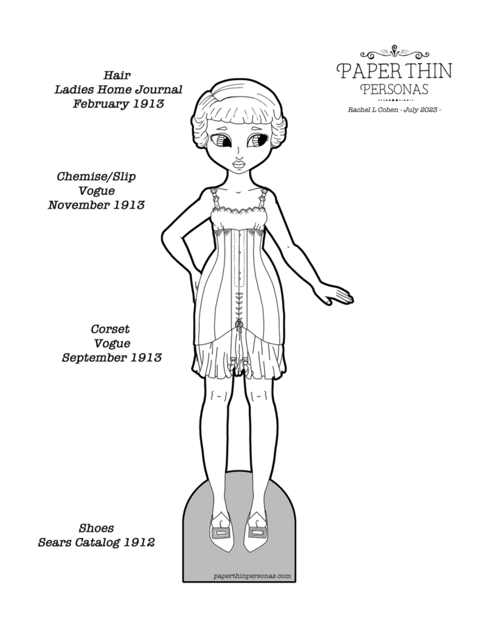 A black and white line drawing of a woman paper doll wearing a 1910's underwear consisting of a long corset over a chemise with stockings and shoes.