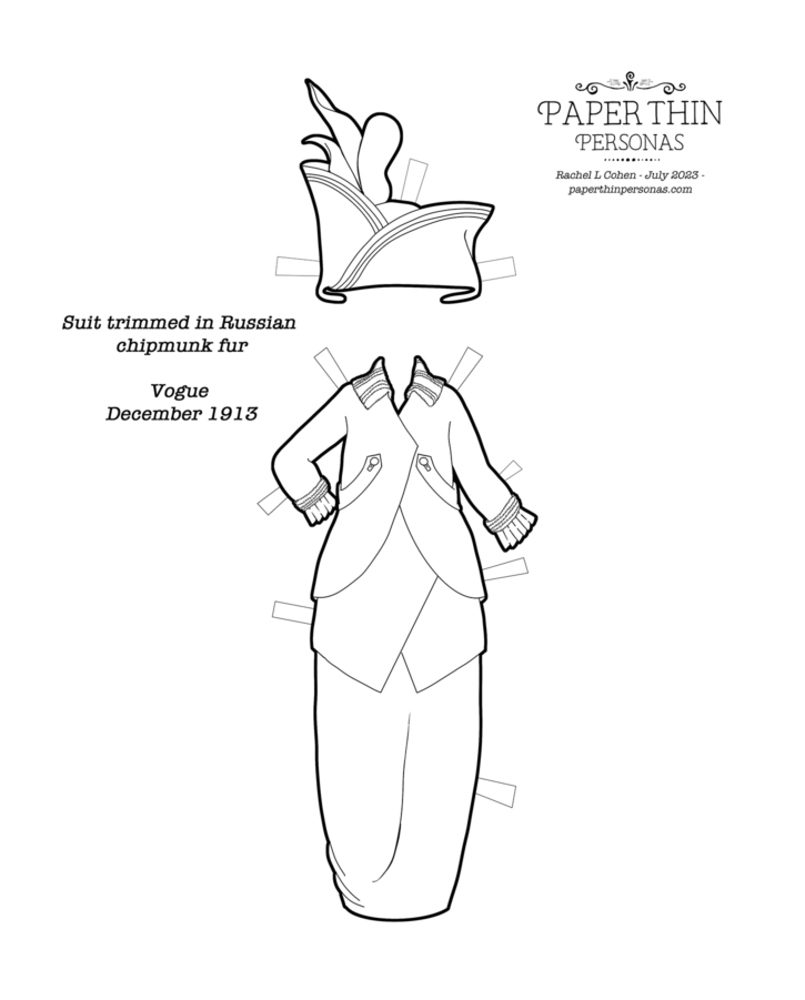 A black and white line illustration of a 1913 suit for a paper doll with a hobble skirt and trimmed in fur from based on an illustration from Vogue magazine.