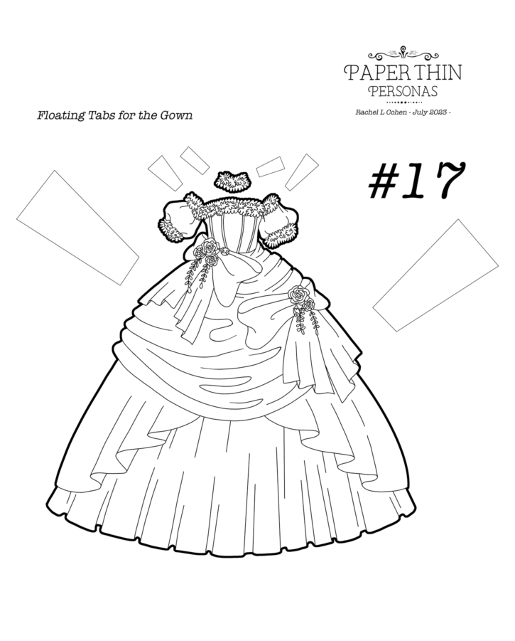 Fantasy princess steampunk paper doll gown decorated in ribbon bows and roses.