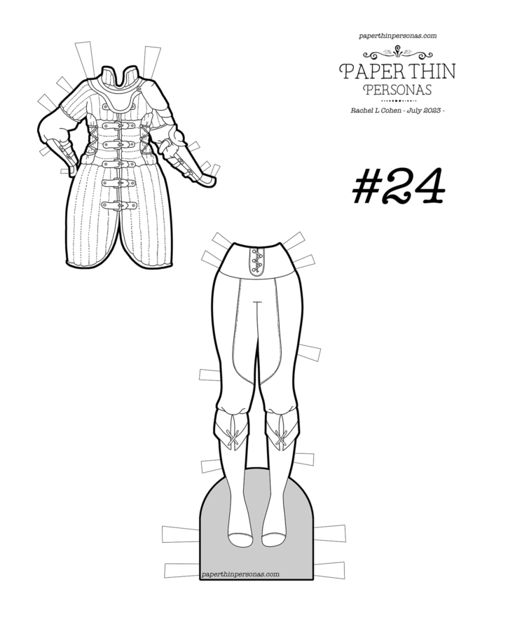 A printable paper doll coloring page of fantasy armor with a padded gambeson, leggings and boots. 