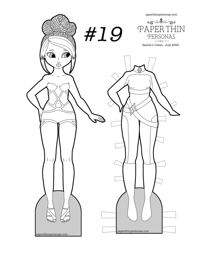A black paper doll coloring page with a sci-fi theme.