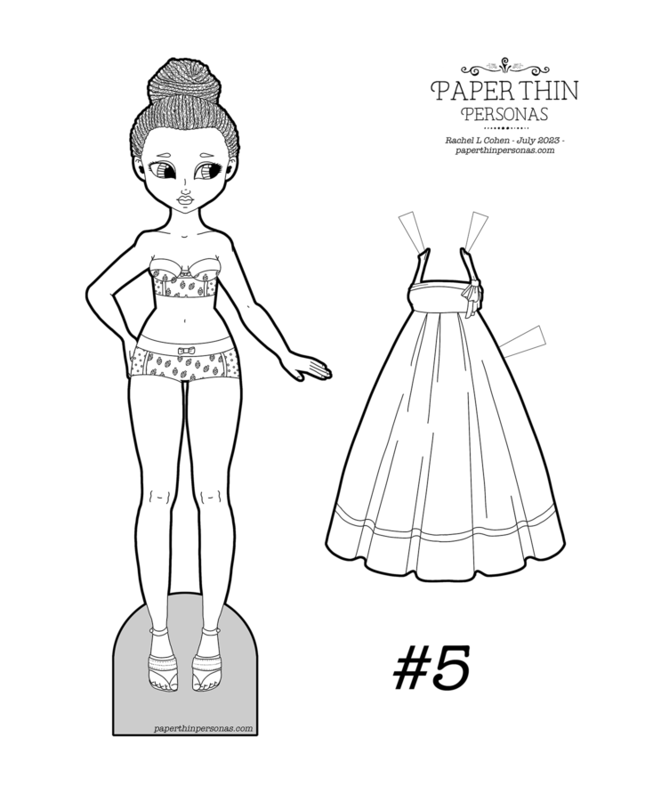 A black paper doll with braids as a coloring page. Her dress is a crisp empire waisted sundresses with a midiskirt. 