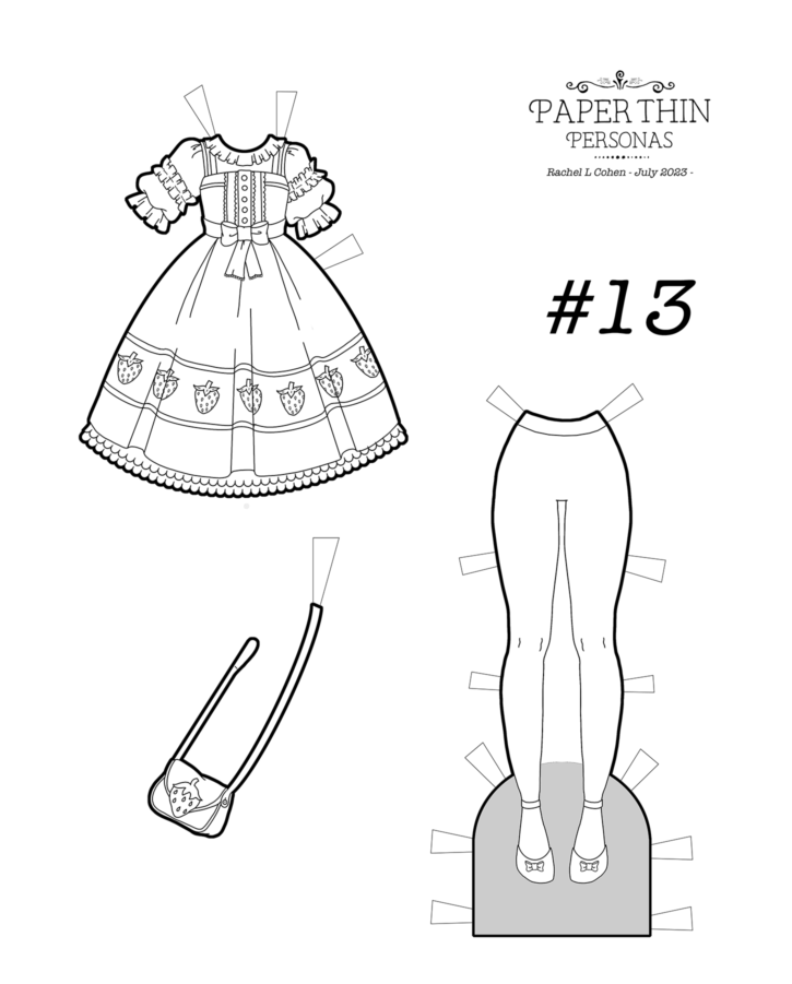 A strawberry themed dress with tights and a purse. A paper doll coloring page. 