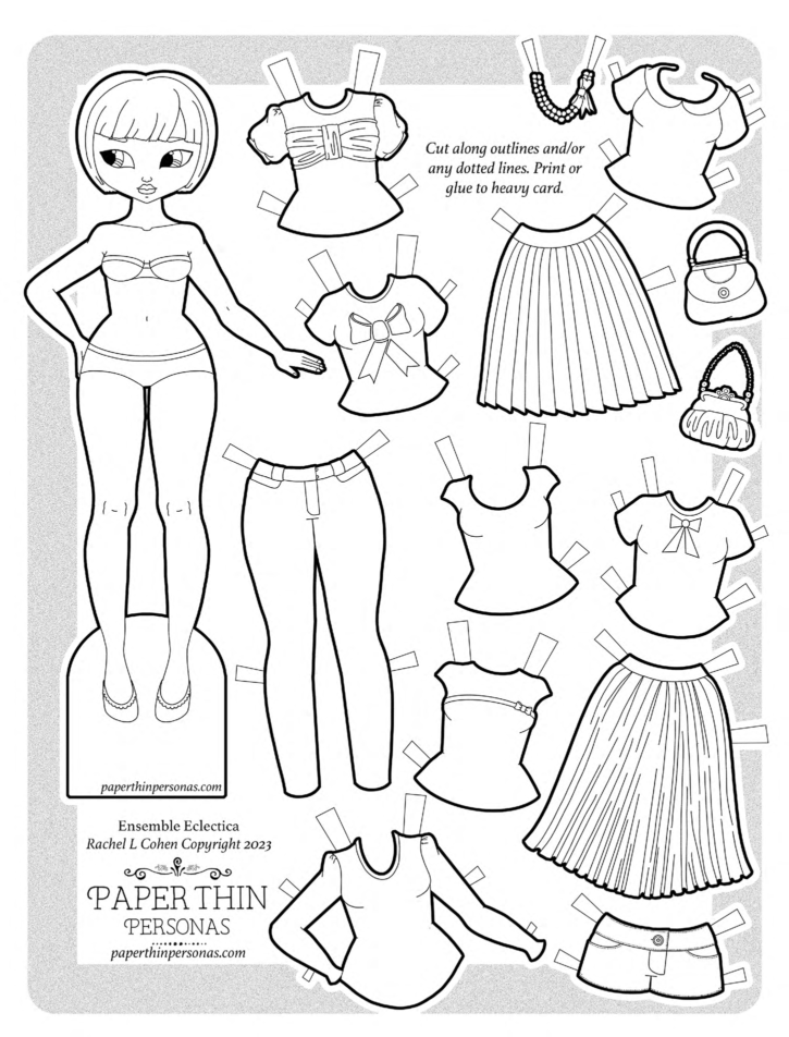 Printable coloring page of an Asian girl paper doll with clothing.