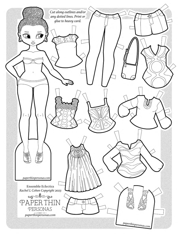 A trendy paper doll printable coloring page with brown skin and black microbraids with a 12 piece mix and match wardrobe. Her clothing is boho.