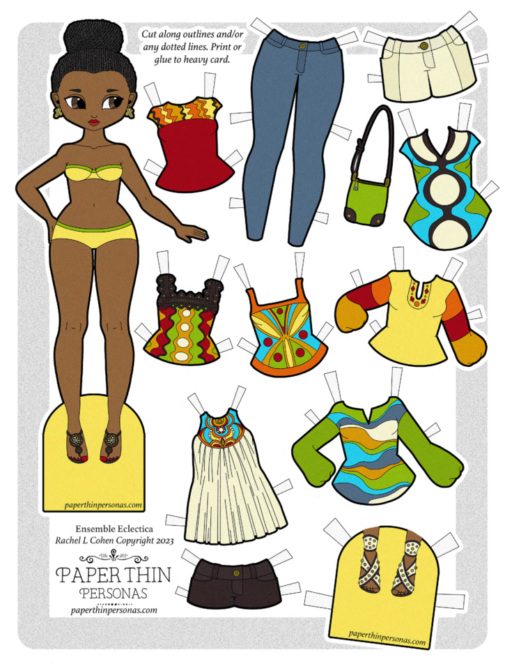 A trendy paper doll with brown skin and black microbraids with a 12 piece mix and match wardrobe. Her clothing is boho and inspired by dutch wax print colors.
