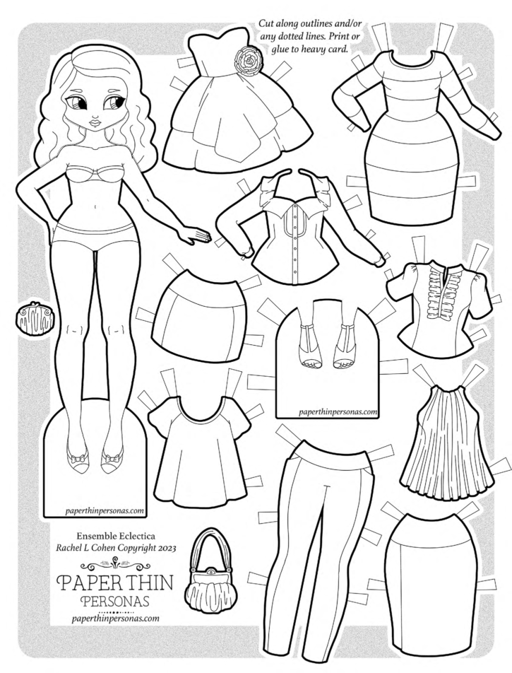 A black and white children's paper doll printable with a mix and match wardrobe. She has two dresses, pants, two skirts, four tops, a pair of shoes and two purses. 
