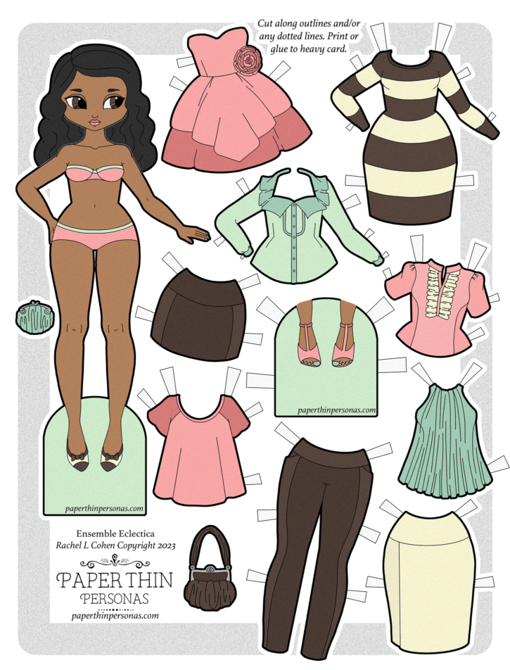 A children's paper doll printable of a fashionable black woman with a mix and match wardrobe. She has two dresses, pants, two skirts, four tops, a pair of shoes and two purses. 